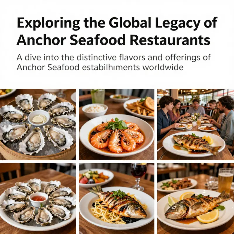 A vibrant collection of seafood dishes from multiple Anchor Seafood restaurants, including oysters, grilled fish, and salad.