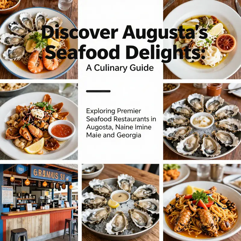 A colorful collage highlighting various seafood dishes, oyster bars, and the inviting ambiance of Augusta's seafood restaurants.
