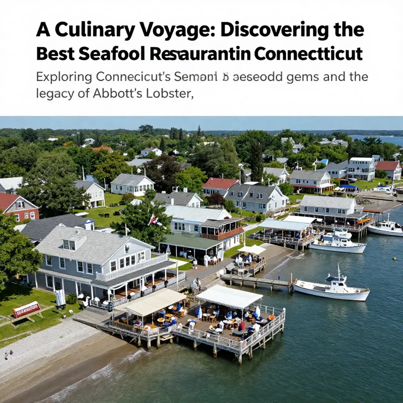 Aerial view of the Connecticut coastline with seafood restaurants and diners enjoying the seaside.