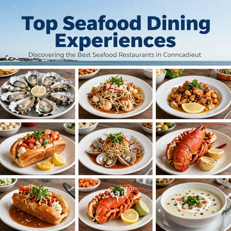 A variety of seafood dishes highlighting Connecticut’s renowned culinary scene.