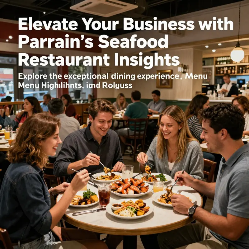 The interior of Parrain's Seafood Restaurant bustling with happy diners, illustrating the restaurant's vibrant atmosphere.