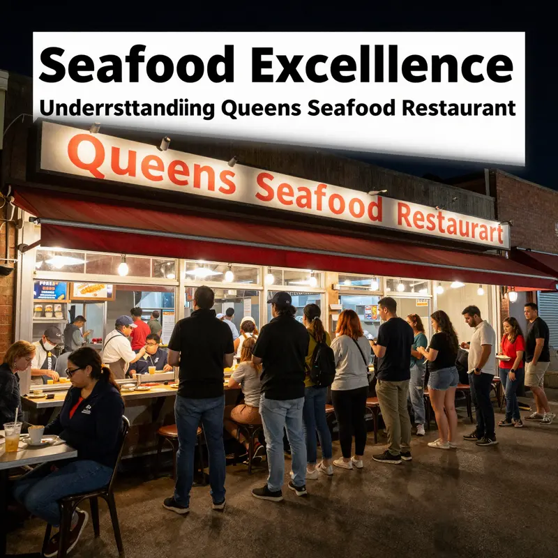 The exterior of Queens Seafood Restaurant at night, highlighting its inviting sign and a line of guests waiting to enter.