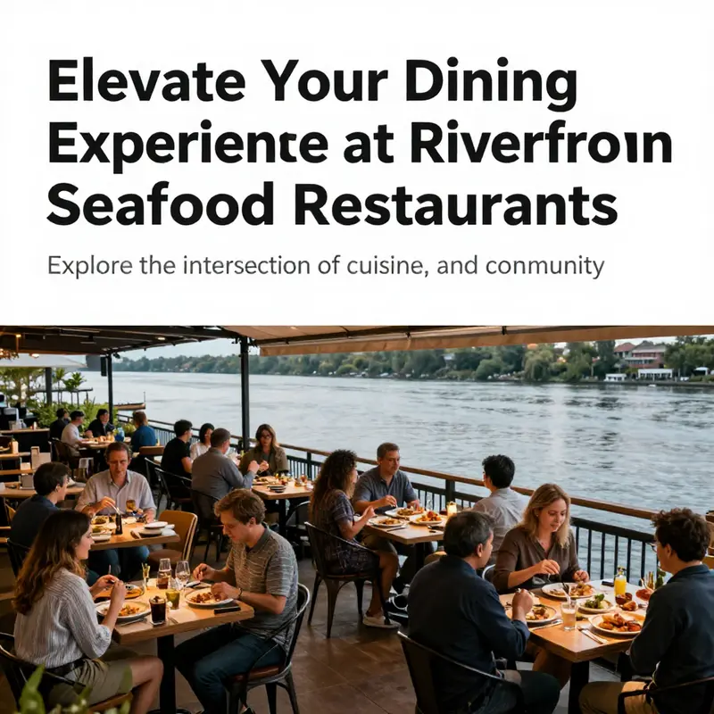 A bustling riverfront seafood restaurant scene with diners enjoying their meals by the waterside.