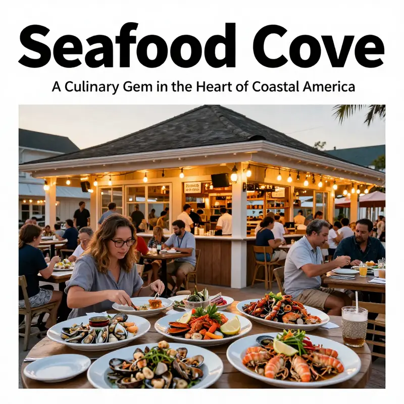 A picturesque sunset view of Seafood Cove, filled with diners enjoying seafood in a lively atmosphere.