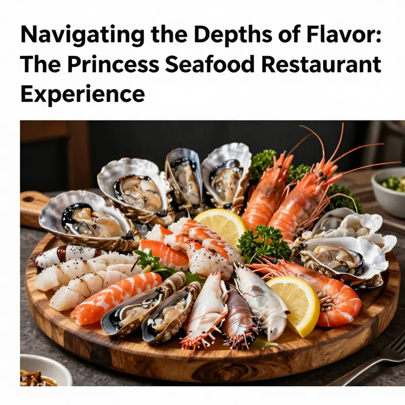 An artistic seafood platter featuring a variety of shellfish and fish, beautifully arranged with decorative garnishes.