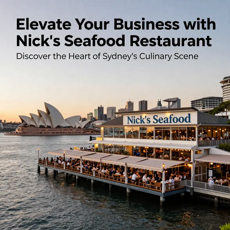 A panoramic view of Darling Harbour at sunset, with Nick's Seafood Restaurant prominently situated along the waterfront.