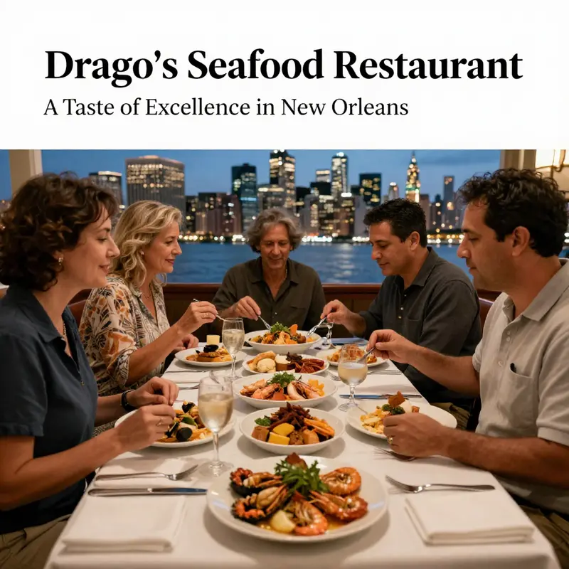 A dining scene at Drago's Seafood Restaurant with seafood dishes and the New Orleans skyline visible.