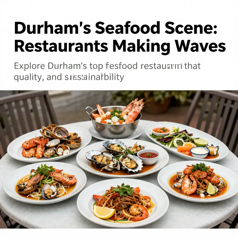 A beautifully arranged selection of seafood dishes from various Durham restaurants on an outdoor dining table.