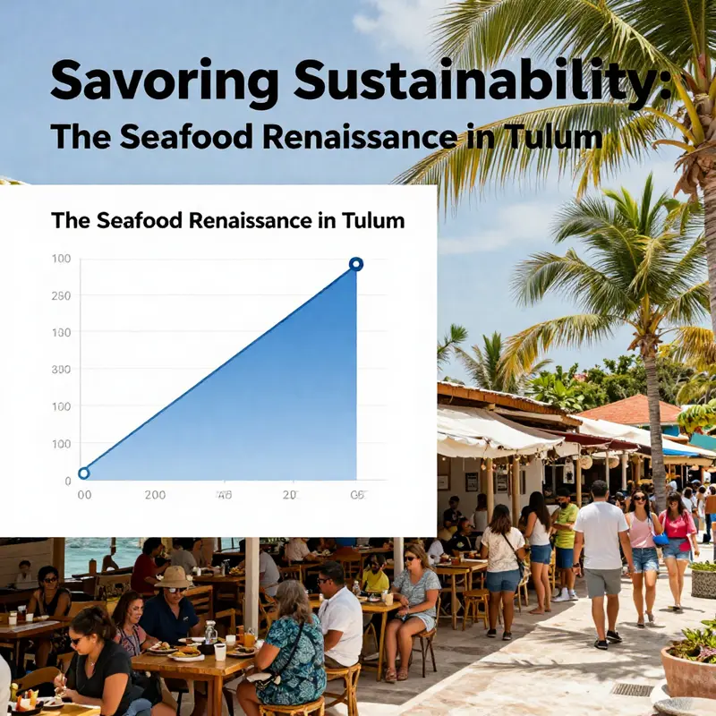 The lively ambiance of Tulum’s seafood restaurants, showcasing a variety of fresh, colorful dishes against a scenic beach backdrop.