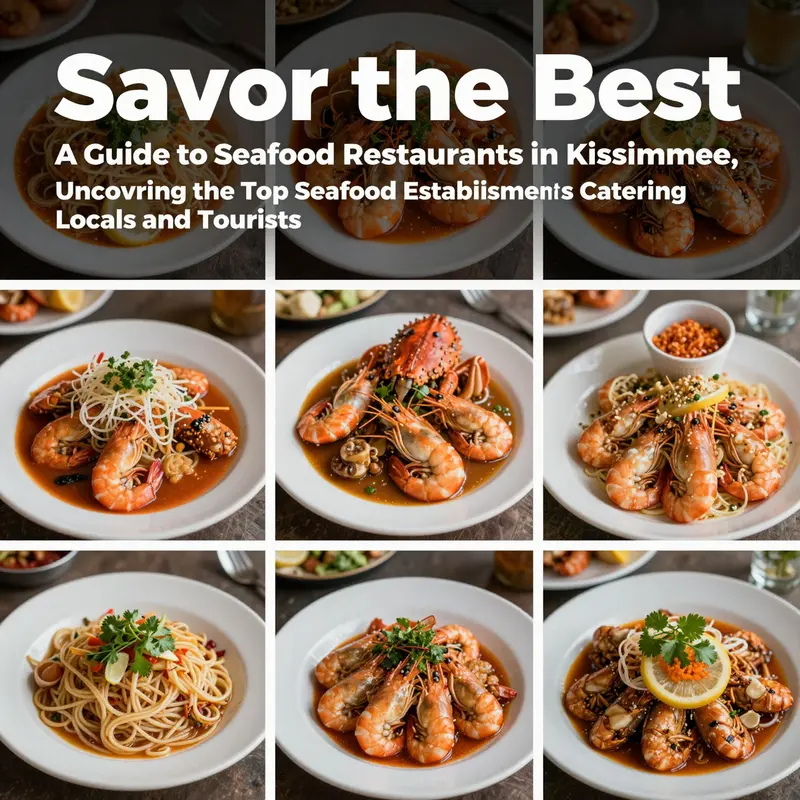 A vibrant collage of seafood dishes from various restaurants in Kissimmee, Florida.