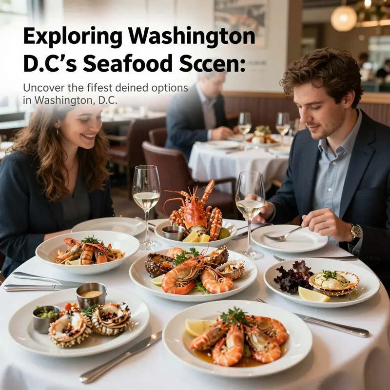 A lively seafood restaurant scene filled with beautifully plated seafood dishes and diners enjoying their meals.