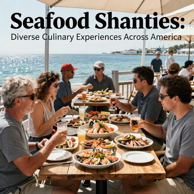 Guests dining al fresco at a seafood shanty, enjoying various seafood dishes.