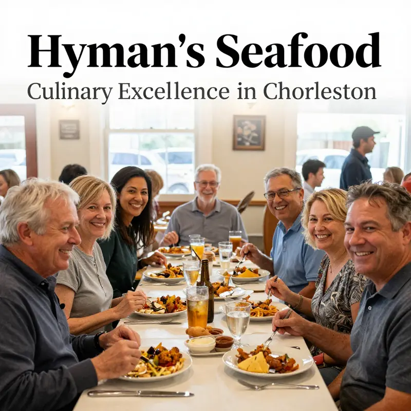 A lively dining atmosphere at Hyman’s Seafood, illustrating the restaurant’s popularity among locals and visitors.