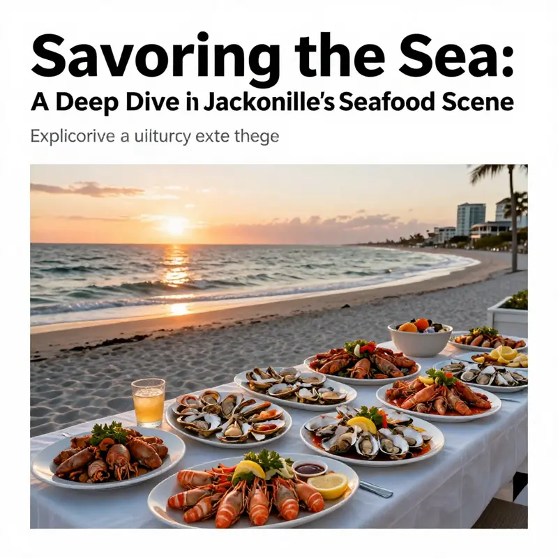 Sunset over the Jacksonville coastline with seafood dishes displayed, representing the culinary allure of the region.