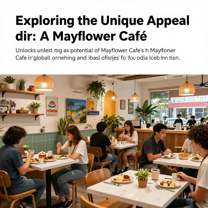 A montage representing the Mayflower Cafe experience, with customers enjoying coffee and diverse dishes in various locations.