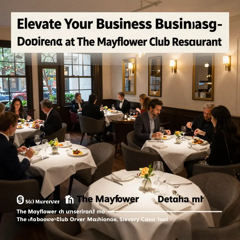 A panoramic view of The Mayflower Club Restaurant's chic interior setting, showcasing diners enjoying a fine dining experience.