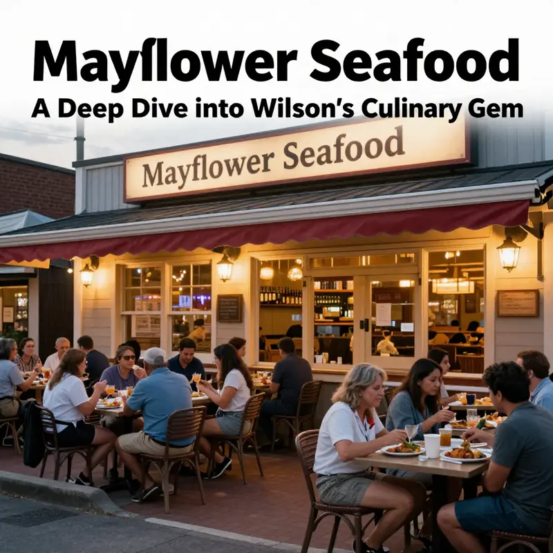 The lively entrance of Mayflower Seafood, showing customers dining outside in a warm and inviting atmosphere.