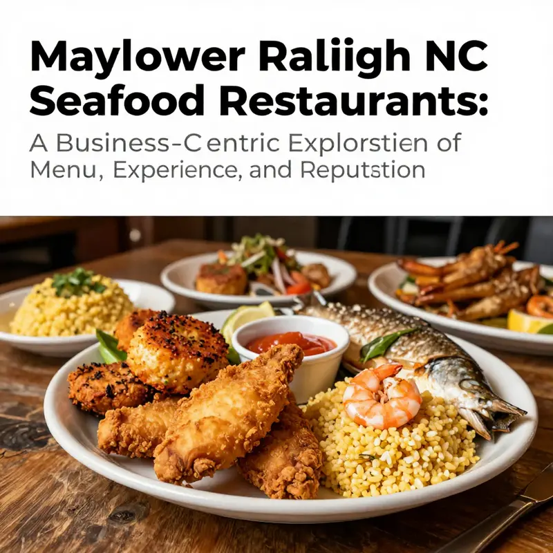 A colorful plated seafood spread with fried catfish, crab cakes, shrimp and grits, and fresh fish on a wooden table at Mayflower Seafood Restaurant.