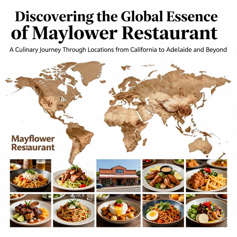 A colorful collage of images depicting various Mayflower Restaurant locations worldwide, celebrating its global culinary influence.