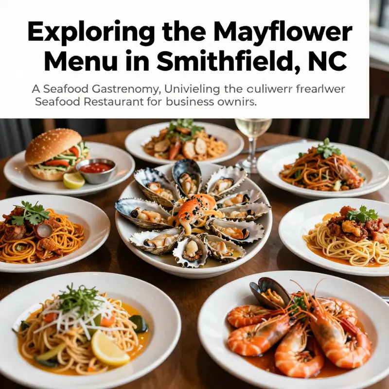A vibrant display of seafood dishes including grilled shrimp, crab, and fried fish, highlighting the offerings of Mayflower Seafood Restaurant.
