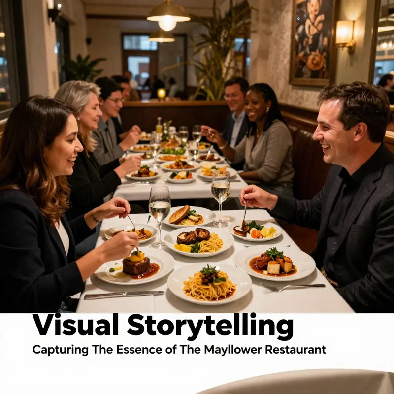 A representation of the dining atmosphere at The Mayflower Restaurant, showcasing a variety of delicious seafood dishes and happy customers.
