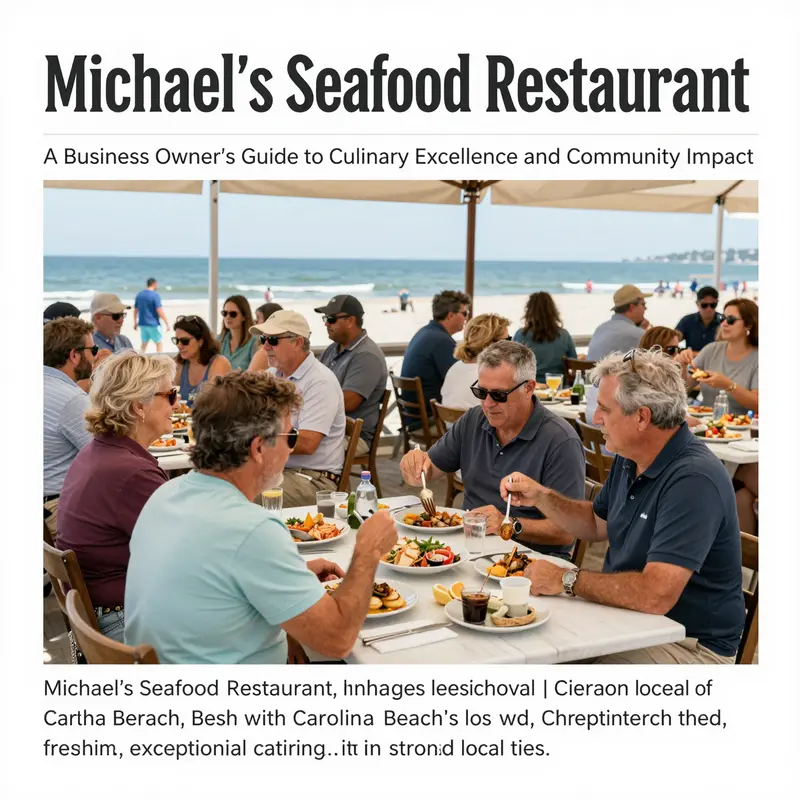 An outdoor dining scene at Michael's Seafood Restaurant with customers enjoying seafood amidst a lively beach environment.