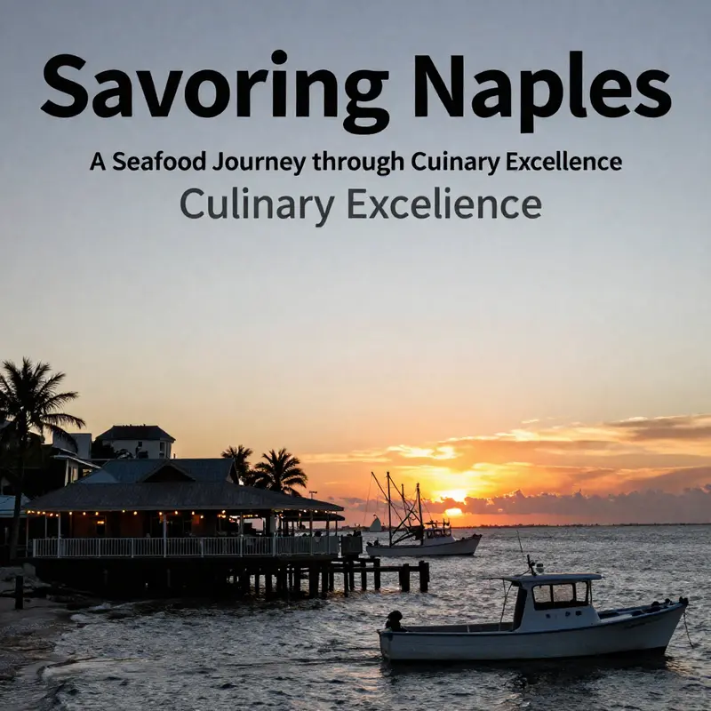 A scenic sunset over Naples, highlighting the seafood restaurant culture with fishing boats in the foreground.