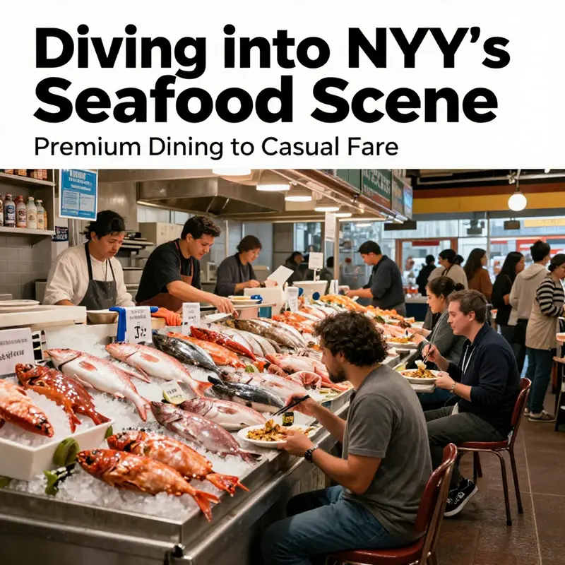 Lively seafood market in New York City, showcasing diverse seafood options and diners experiencing seafood cuisine.