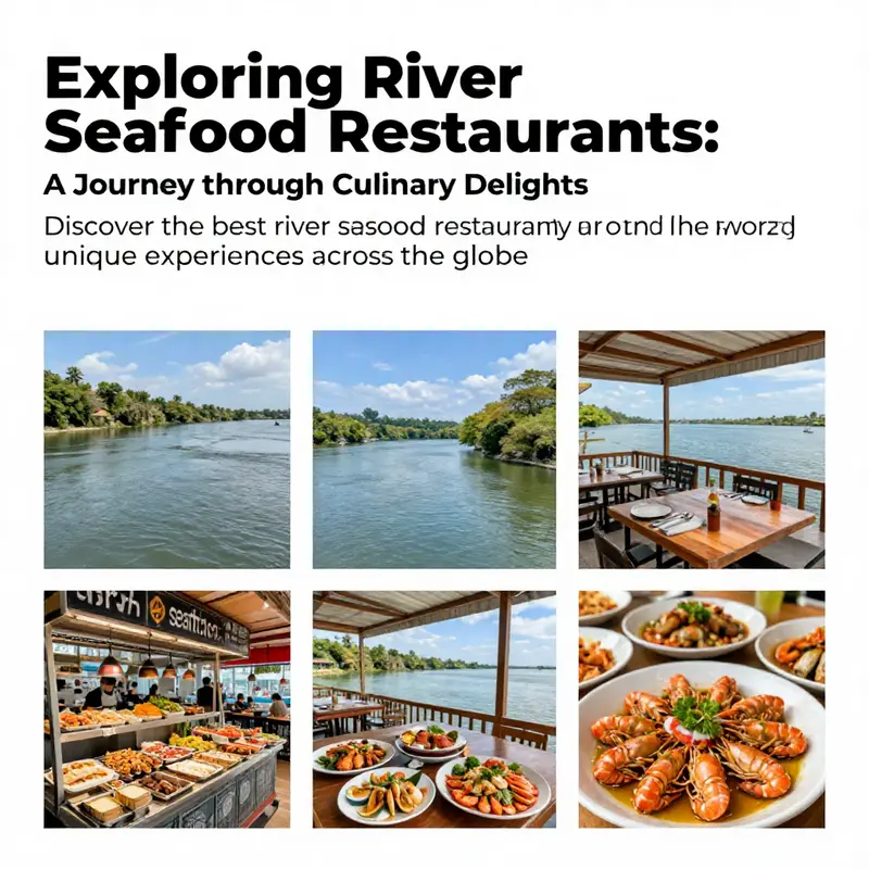 A collection of river seafood restaurants, depicting scenic views and delectable seafood dishes from various global locations.