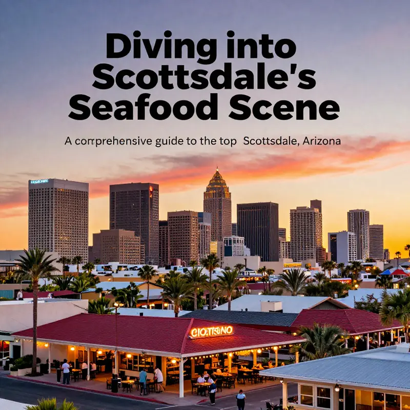 Scottsdale skyline at sunset with highlighted seafood restaurants.