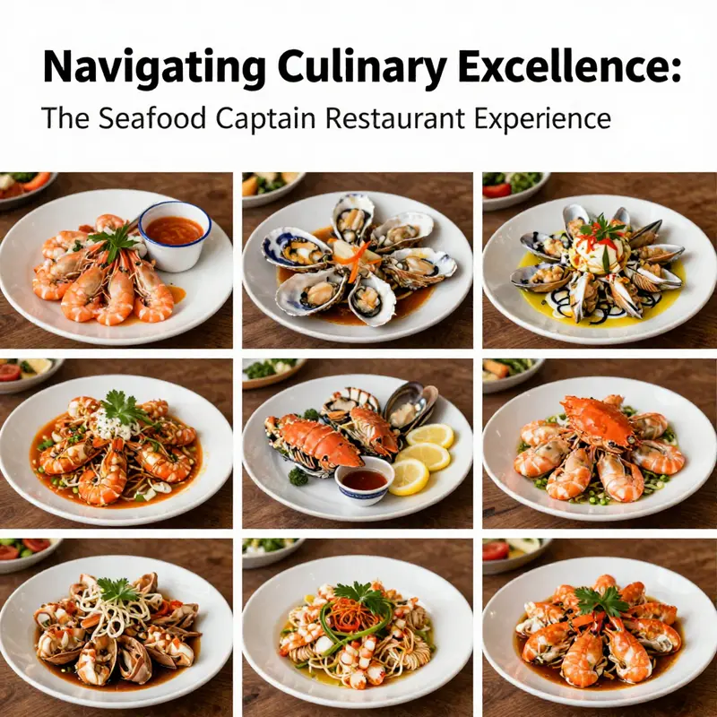 A colorful collage of seafood dishes representing the unique experiences at various Seafood Captain restaurants.