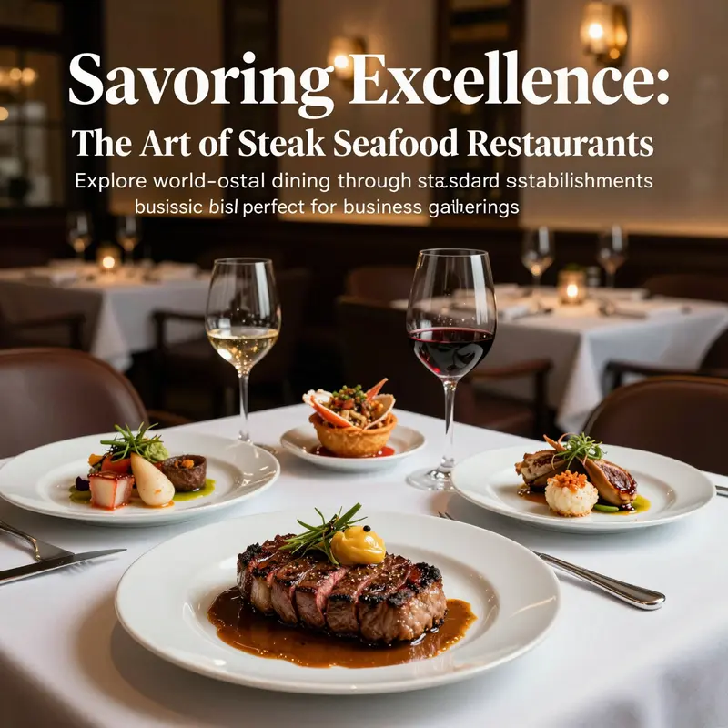 A refined dining table displaying gourmet steak and seafood dishes, setting the tone for upscale business gatherings.