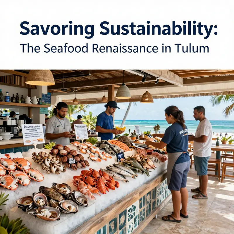 The lively ambiance of Tulum’s seafood restaurants, showcasing a variety of fresh, colorful dishes against a scenic beach backdrop.