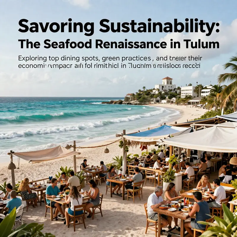 Coastal Tulum scene featuring seafood restaurants on the beach, populated with diners enjoying meals against a sunset.
