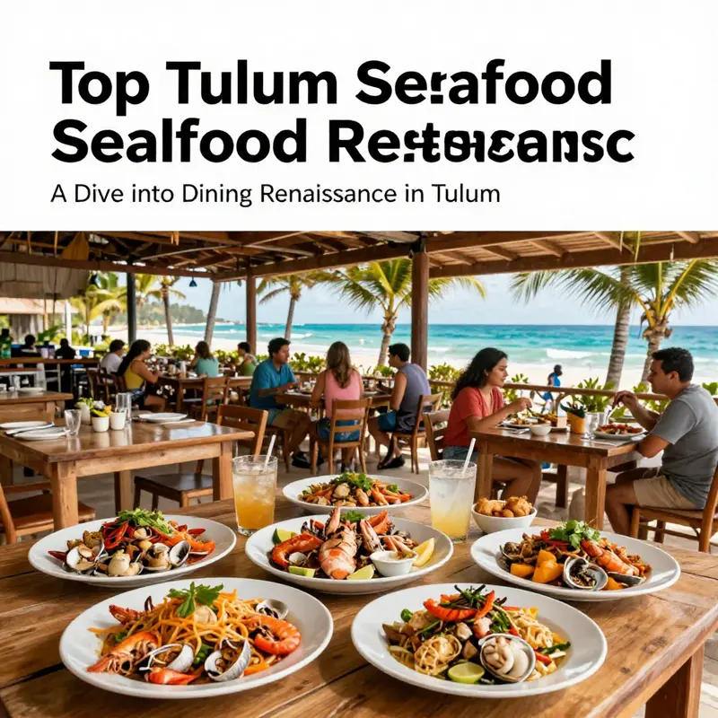 The lively ambiance of Tulum’s seafood restaurants, showcasing a variety of fresh, colorful dishes against a scenic beach backdrop.