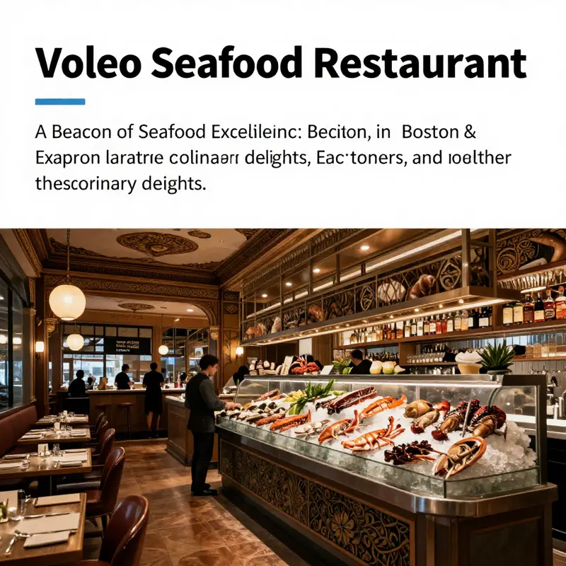 Interior view of Voleo Seafood Restaurant featuring beautifully arranged dining area, showcasing seafood displays and lively customers.