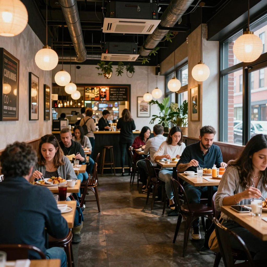 A vibrant and inviting restaurant setting showcasing patrons enjoying their meals