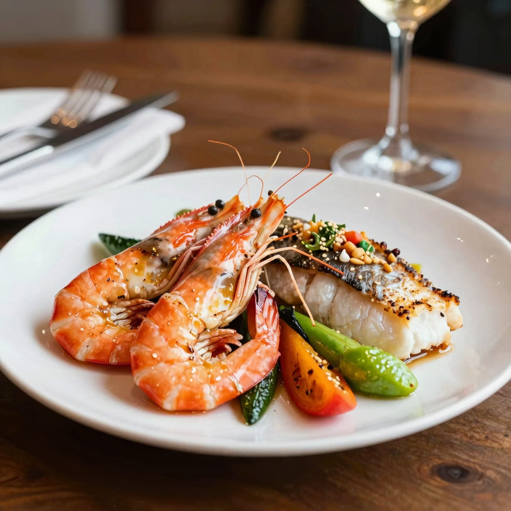 Signature dish from Homer Seafood Restaurant featuring seafood and vegetables
