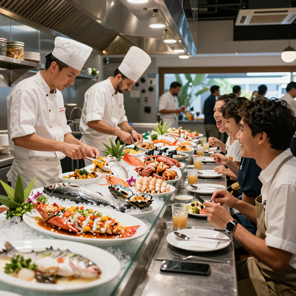 A vibrant seafood restaurant setting showcasing fresh seafood dishes