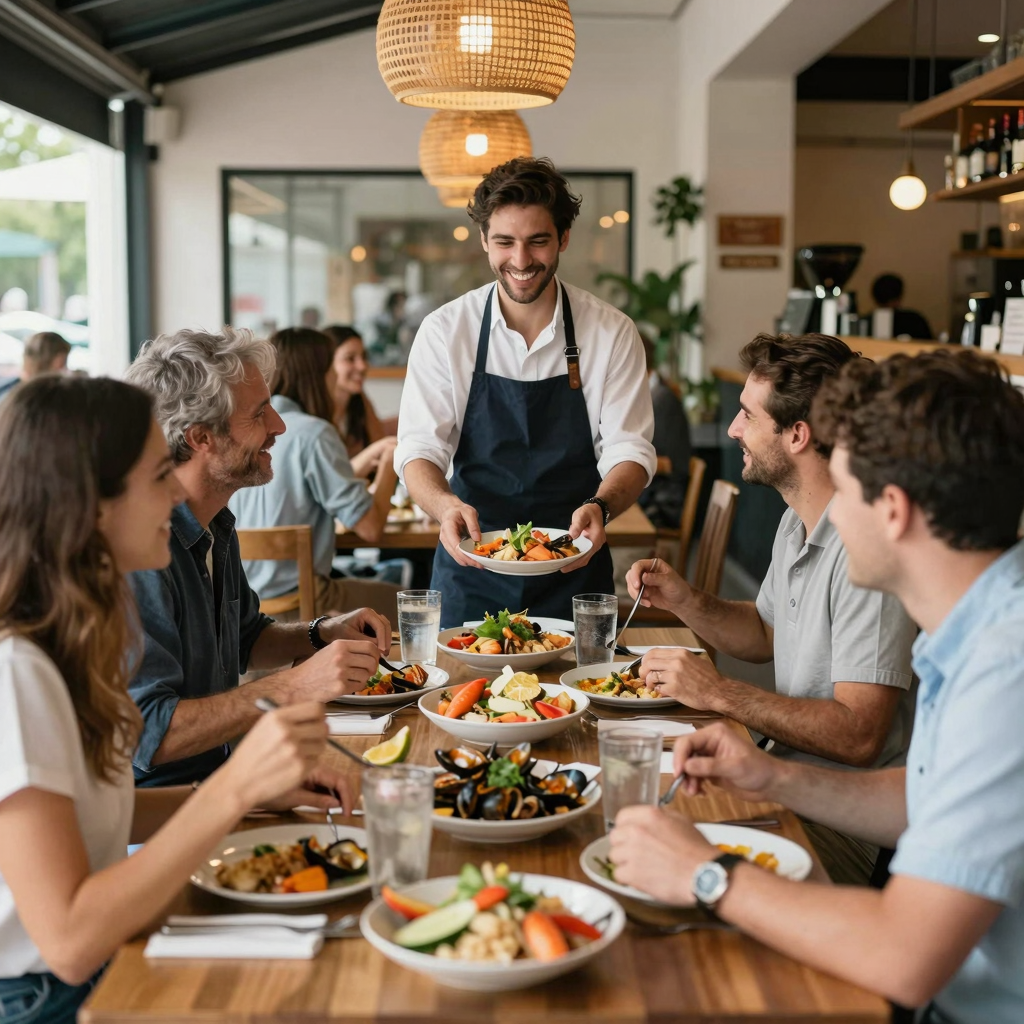 Vibrant seafood restaurant setting showcasing happy customers