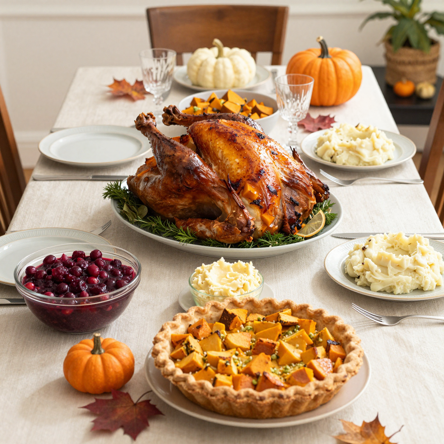 Beautifully arranged Thanksgiving dinner table