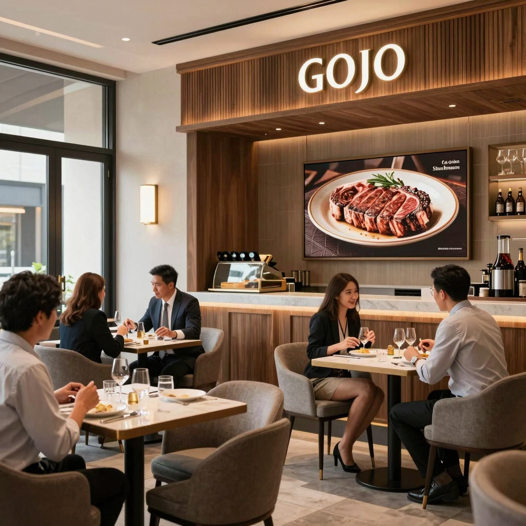 Interior of Gojo Steakhouse with upscale decor and business professionals dining