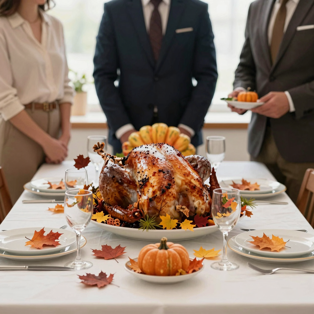 Thanksgiving lunch theme with autumn leaves, turkey, and festive decorations