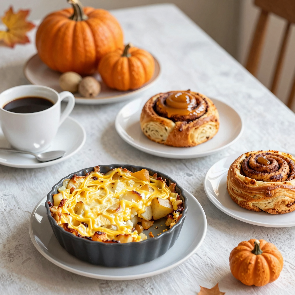A cozy Thanksgiving breakfast scene featuring popular breakfast dishes