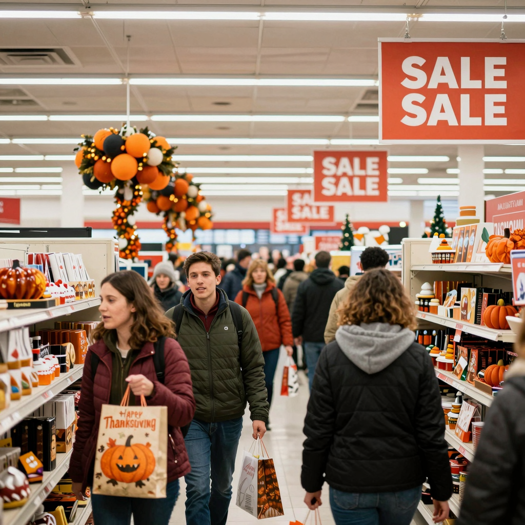 A bustling retail store on Thanksgiving day, filled with excited shoppers