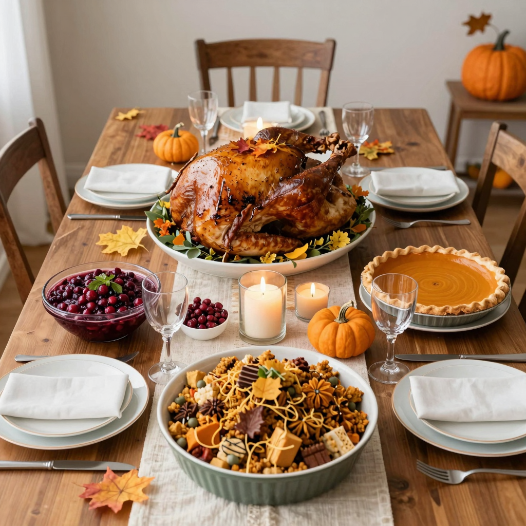 Thanksgiving dining table filled with traditional foods and autumn decorations