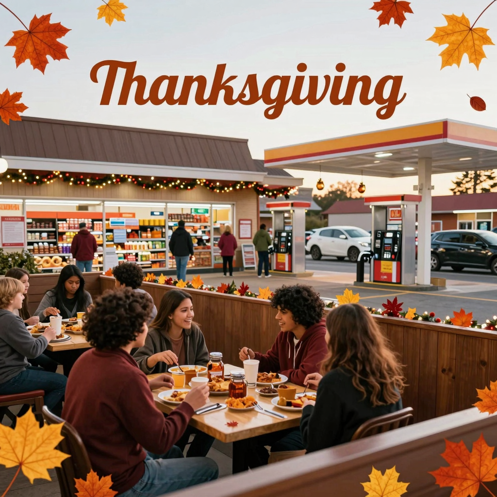 Diverse businesses open on Thanksgiving, including a restaurant, a convenience store, and a gas station, with a festive Thanksgiving theme.