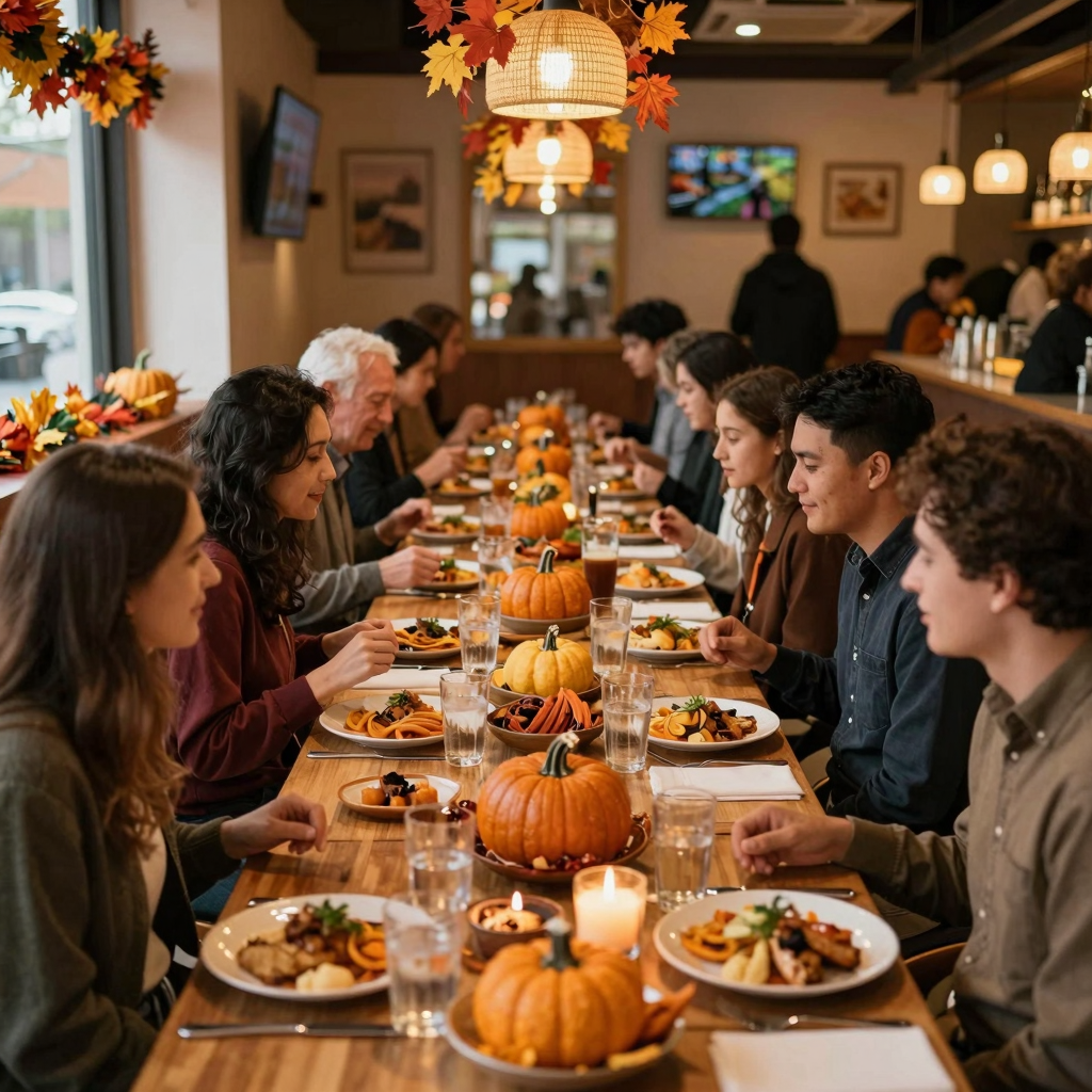 A busy and thriving restaurant decorated for Thanksgiving with happy customers