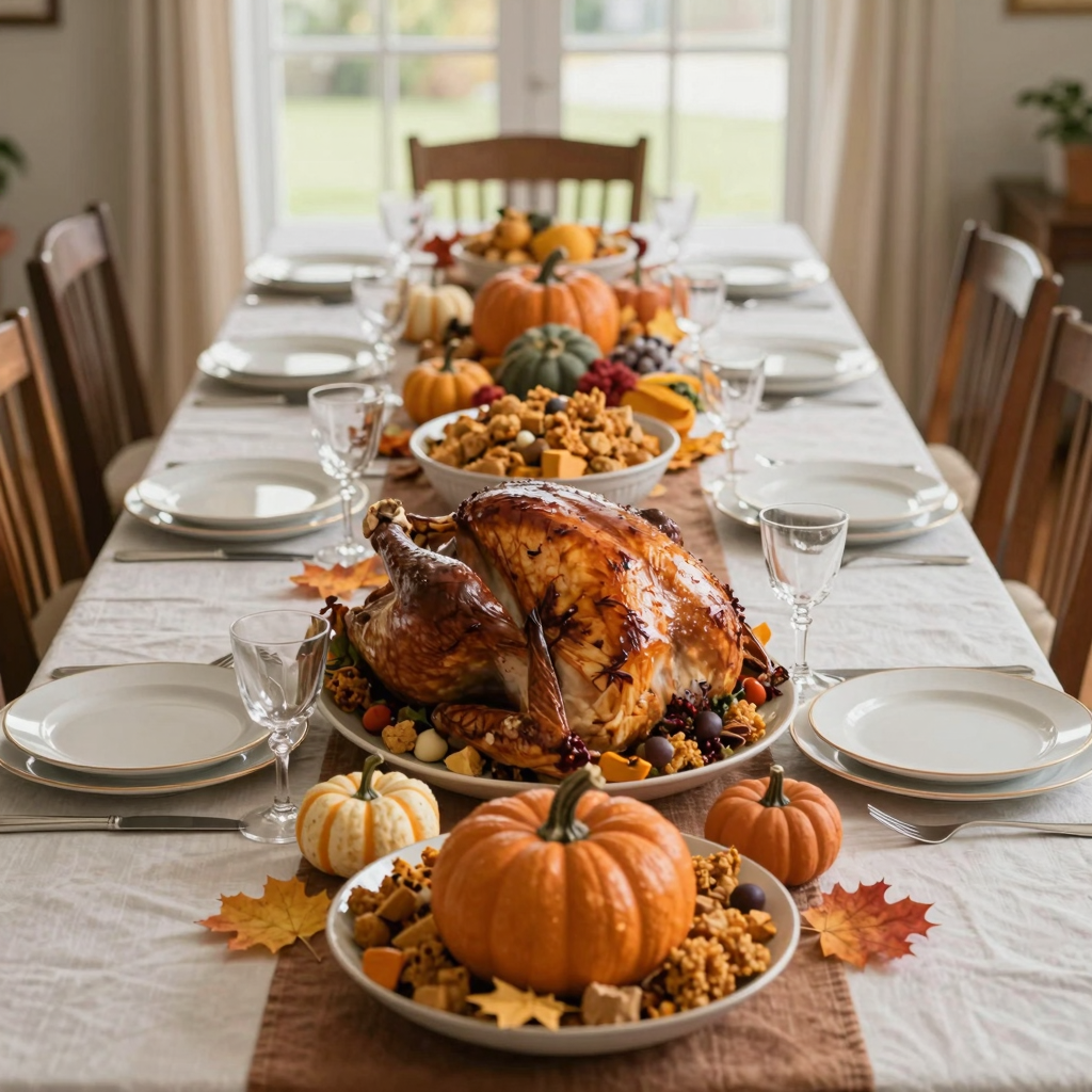 Beautifully set Thanksgiving dinner table