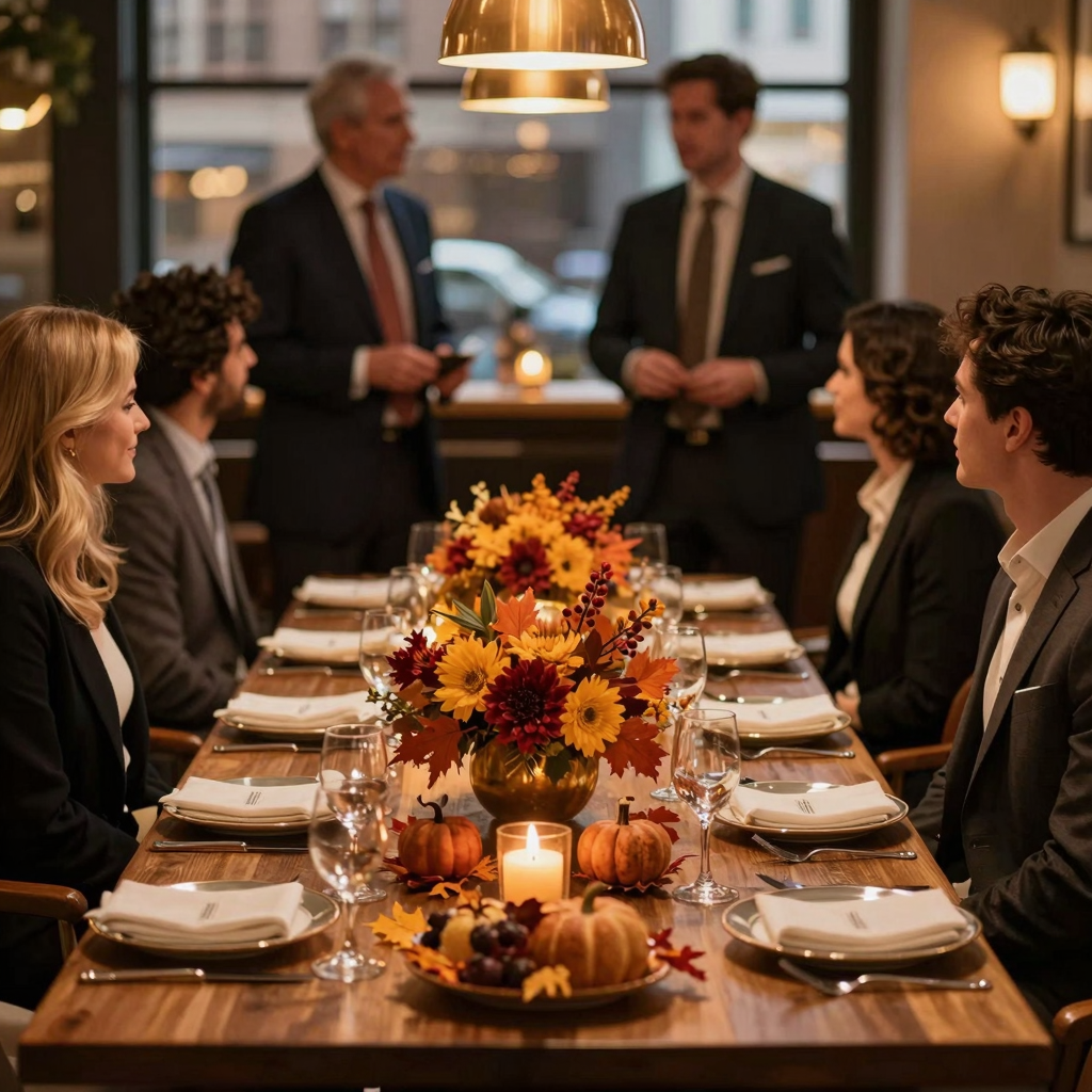 Thanksgiving business dinner in a NYC restaurant with autumn decor